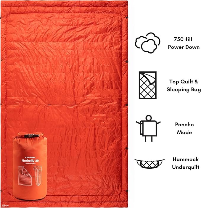 KAMMOK Firebelly 30°F - Down Trail Quilt, Water Resistant, Durable, Compact and Packable, Indoor/Outdoor Camp Blanket