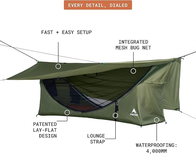 Haven Tents Lay Flat Hammock Tent - Waterproof Camping Hammock with Mosquito Net