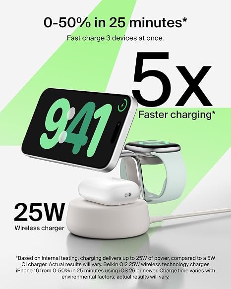 Belkin Qi2.2 25W Wireless Fast Charging Station, 3 in 1 iPhone Charger - Image 2