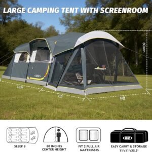 UNP Camping Tent 8 Person Waterproof Big Tunnel Tent with Screen Porch