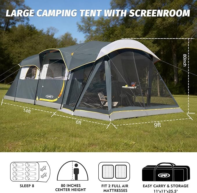 UNP Camping Tent 8 Person Waterproof Big Tunnel Tent with Screen Porch