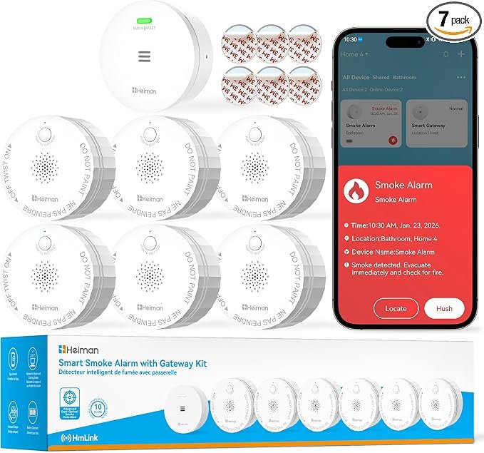 Heiman Smart Wireless Interconnected Smoke Detector, 6-Pack + Gateway, S1-R