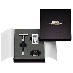 Feather Stainless Steel & Wood Double Edge Safety Razor with Stand 5 Blades